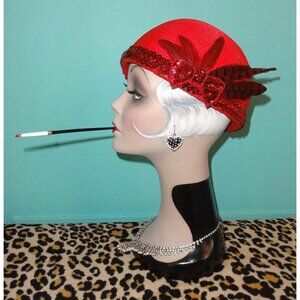 Vintage Red Church Hat w/ Sequins Bow and Feathers Kentucky Derby pinup retro